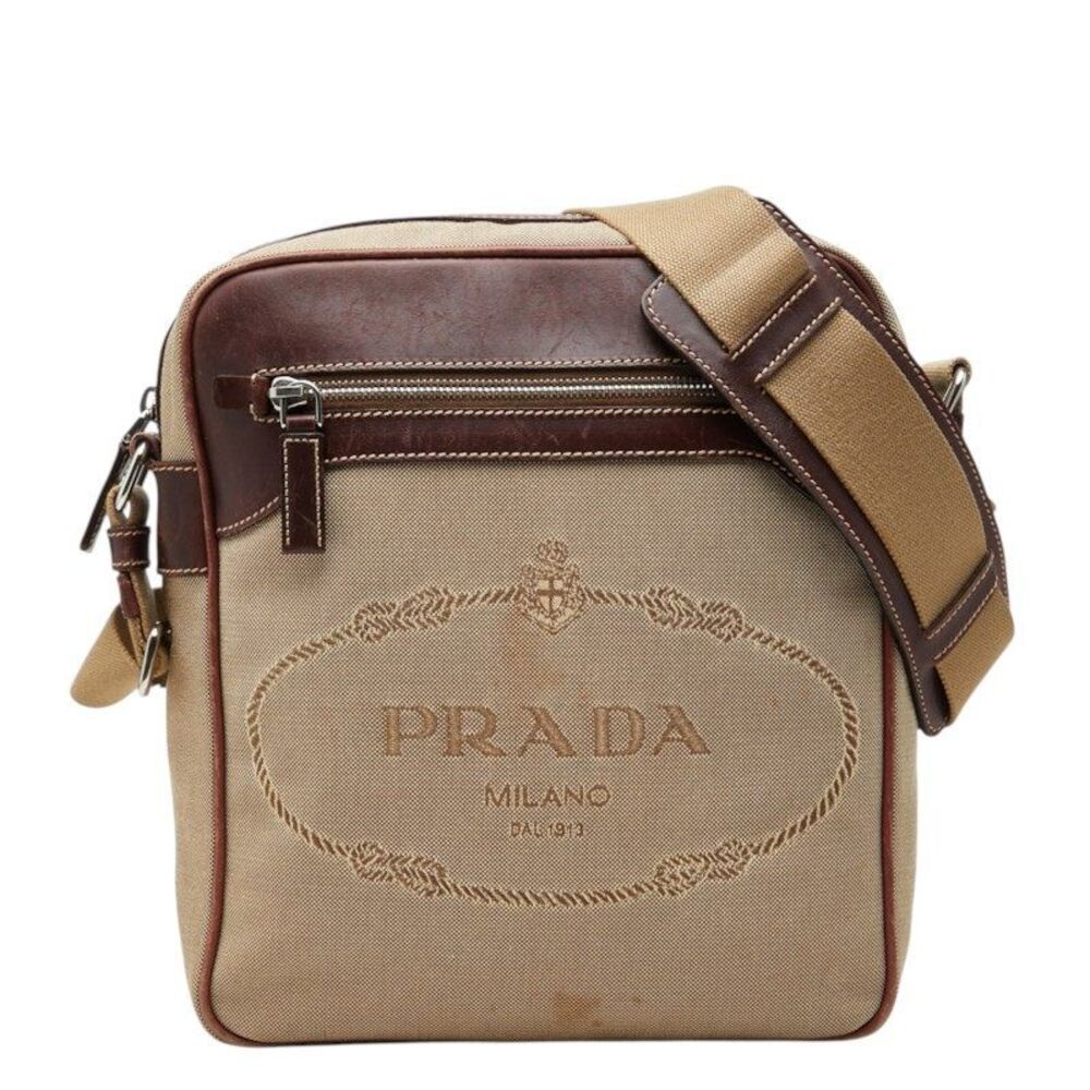 Prada Logo Jacquard Canvas Leather Shoulder Bag